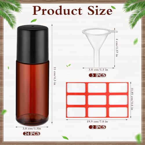 Sumind 48 Pcs Glass Roller Bottles for Essential Oil 50ml Empty Deodorant Bottle Roller Ball Container Refillable Rollerball Bottle with Plastic Balls, Funnel and Sticker (Brown) by Sumind - Image 2