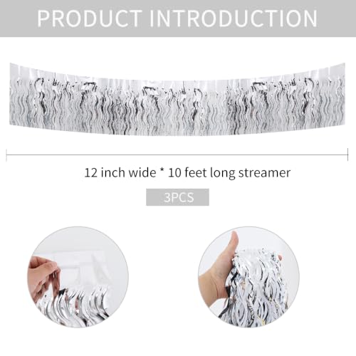 Image of BEISHIDA 3 Pack Silver Wavy Foil Fringe Garland 30ft Tinsel Wall Decor