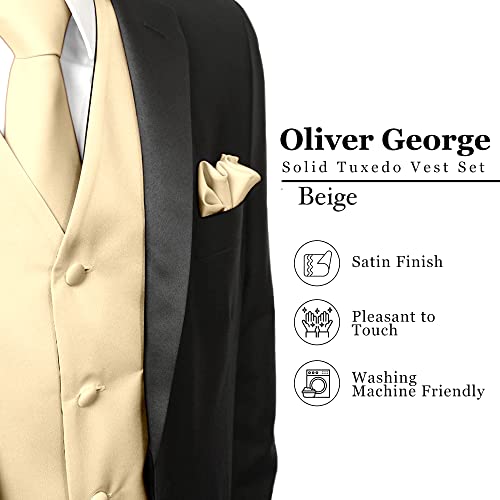 Oliver George Men's 4Pc Solid Tuxedo Vest Formal Vest Suit Vest Casual Vest Waistcoat Vest Prom Vest Wedding Vest Necktie Bowtie Handkerchief Beige 2Xl #TOP1