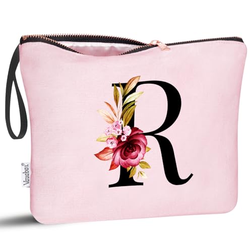Image of Vavabox A-Z Personalized Makeup Bag, Birthday Gifts for Women Mom, Gifts for Best Friend, Bride Bridesmaid Cosmetic bag (R, 06-Pink)