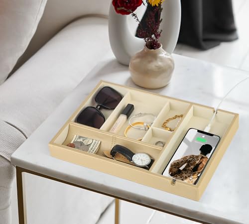 HofferRuffer Faux Leather Valet Tray for Gift,Nightstand Organizer Decorative Dresser Tray Box with Phone Charging Station Organizer Holder, Storage Catchall Tray for Men and Women (Gold) - Thumbnail 4