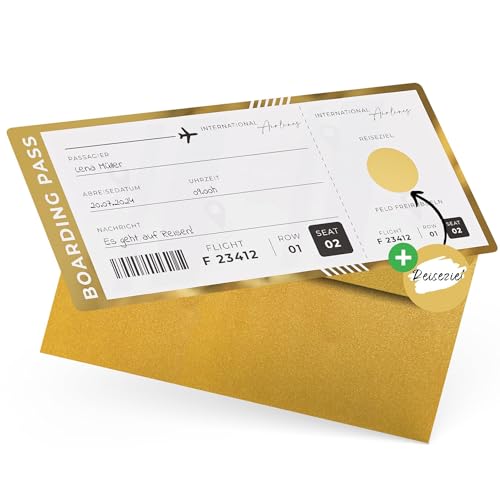 Heimonie Reisegutschein Flugticket mit Rubbelaufkleber-Bordkarte zum beschriften-Einzigartige ReiseGeschenk Verpackung-Boarding Pass Karte als Urlaub Gutschein oder Geschenkidee Reise zum freirubbeln