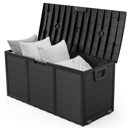 VINGLI 75 Gallon Outdoor Storage Box, Lockable Plastic Storage Containers with Lid, Patio Deck Box Furniture for Garden, Pool, Balcony, Yard (Full Black)