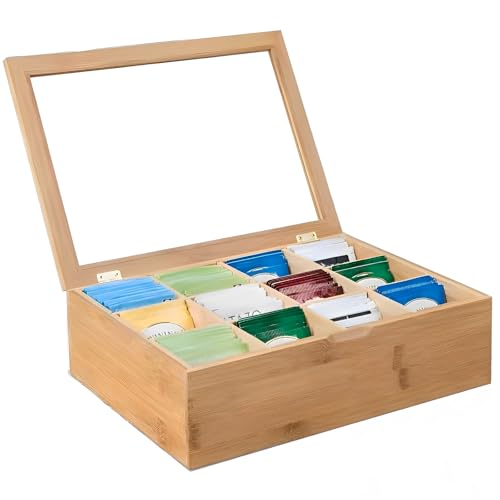 KTCINA Bamboo Tea Bag Organizer, 12 Compartments Wood Drawer Storage Holder Tea Storage Chest with Clear Lid Multipurpose Chest Box for Coffee Station, Sugar, Sweeteners, Small Packets(12 Grids)