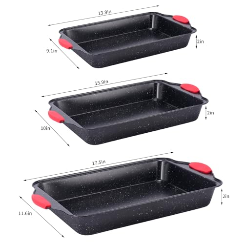 Anveena 3-Piece Nonstick Kitchen Oven Baking Pans - Premium & Stylish Non-Stick Steel, Commercial Grade Restaurant Quality Metal Bakeware with Red Silicone Handles - Easy to Clean black — view 2