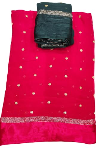 Image of Pure Georgette Sequence Work Saree with Contrast Blouse, Satan Patta Fabric