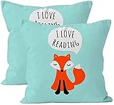 Größe: ca. 45 x 45 cm. 2 niedliche Kissenbezüge für Kinder, aquamarinblauer Hintergrund, „I Love Reading“, Wurfkissen, 45,7 x 45,7 cm, Fuchs, Baumwollleinen, Kissenbezug