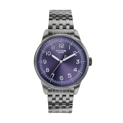 Image of Sonata Poze 8 Quartz Analog with Arsenic Blue Dial Gun Stainless Steel Strap Watch for Men - SP70110QM01W