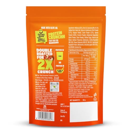Image of Tata Simply Better Protein Crunch Fiery Peri Peri Flavoured Makhana, 50g, Double Roasted for 2X Crunch, With No Palm Oil & Artificial Flavours, Dry Fruits & Nuts Based Snack, Made with Olive Oil
