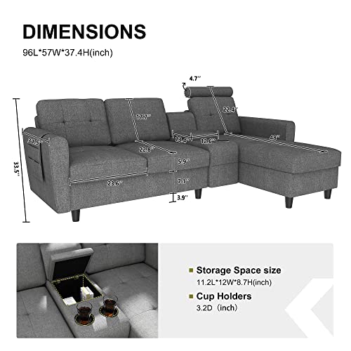 Honbay Reversible Sectional Sofa Couch Modern Upholstered L Shaped Sofa With Cup Holders & Storage Console, Left Or Right Side Chaise Sectional Sofa For Living Room Office, Grey #TOP5