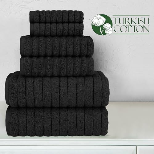 Image of Elegant Comfort 100% Turkish Cotton Corduroy Ribbed Luxury Bath Towels 6-Piece Set, Premium Quick Dry, Highly Absorbent, Contains 2 Bath, 2 Hand, and 2 Washcloths, Black (Pack of 4)