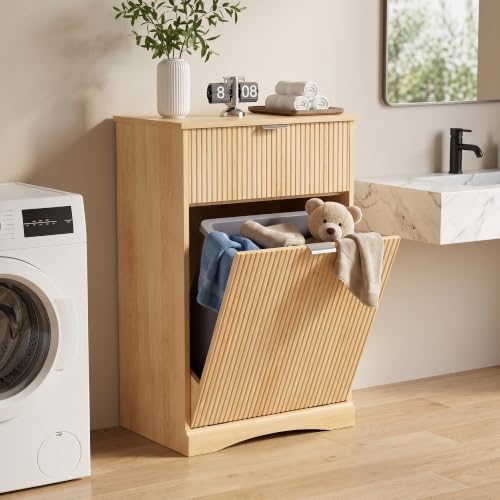 ZEXRU Single Tilt Out Trash Cabinet with Drawer, 10 Gallon Fluted Hidden Garbage Can Holder, Freestanding Wooden Laundry Hamper Cabinet for Kitchen Bathroom, Natural Oak