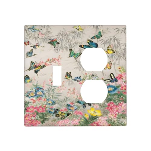 Decorative Outlet Covers Boho Wildflowers Butterfly Rustic Blue Pink Flowers 2 Gang Wall Plate Cover Single Toggle Duplex Combo Two Switch Light Switch Cover Plate Jumbo GFCI Faceplate