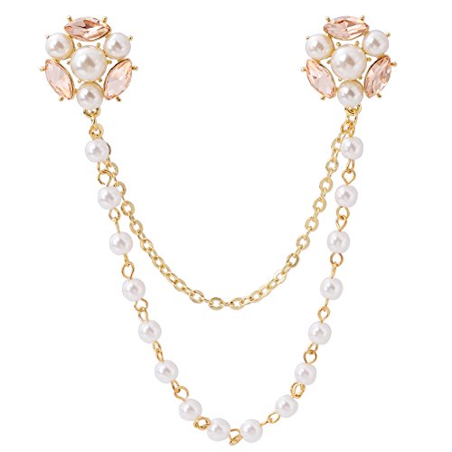 Fenni CZ Crystal Rose Daisy Pearl Flower Brooch Collar Pins Sweater Cardigan Clips with Pearl Chain (GoldFlowerPin) Fenni CZ Crystal Rose Daisy Pearl Flower Brooch Collar Pins Sweater Cardigan Clips with Pearl Chain (GoldFlowerPin)