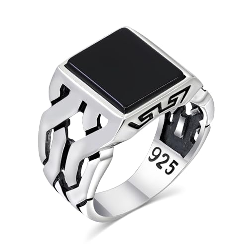 chimoda Sterling Silver Rings for Men - Cuban Link Mens Sterling Silver Ring with Black Onyx Stone, Anillos Para Hombre (9)
