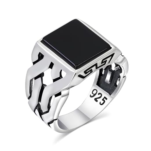 Chimoda Sterling Silver Rings for Men with Black Onyx Stone, Handmade Mens Jewelry Ring, Cuban link Chain Motif Men's Rings, Rings Silver (43Onx11)