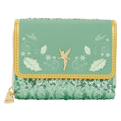 Loungefly Disney Campanula Holiday Portafoglio. Prodotto con licenza ufficiale Disney. Caratteristiche: pelle sintetica (poliuretano), 5 scomparti per carte di credito e 1 slot per identificazione trasparente, tasca con patta, applique, rilievi, ciondoli in metallo, paillettes e dettagli stampati. Fodera interna abbinata. Dimensioni: 12,7 cm di larghezza x 10 cm di altezza x 2,5 cm di profondità.