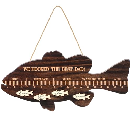 Xuhal Custom Fathers Day Gift for Dad Fishing Gift Wooden Personalized Fish Ruler Plaque Hooked The Best Dad Design Family Wall Decor with Names Message for Men Papa Grandpa Husband Fisherman Keepsake