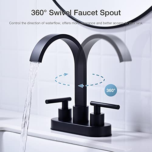 DIKUROOMS Matte Black Bathroom Faucet 4 Inch Centerset 2 Handle Lavatory Vanity Sink Faucet with Overflow Pop-Up Drain and cUPC Water Supply Lines, Square Shaped 360 Degree Swivel Waterfall Spout - Thumbnail 3