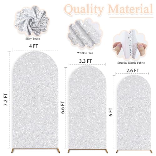 PATYDEST Set of 3 Wedding Arch Cover Sequin Arch Stand Cover 7.2FT 6.6FT 6FT Silver Chiara Backdrop Arch Covers Stretchy Spandex Fabric Party Arch Frame Cover for Baby Shower Happy Birthday Decoration by PATYDEST - Used condition - Image 3