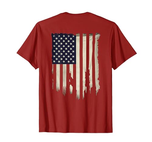 Distressed USA Flag Printed on Back T-Shirt, Men, Cranberry Red, Large