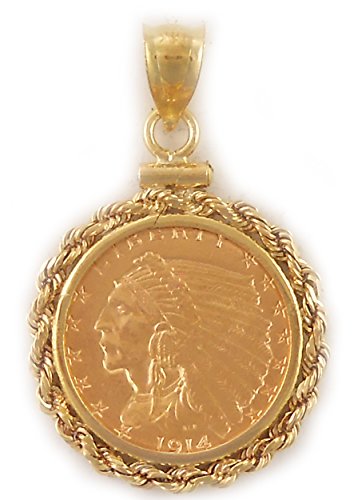 Flintski Jewelry LLC $2.50 Indian Gold Coin 14k Yellow Gold Coin Bezel Frame Mount Pendant (Rope WC)