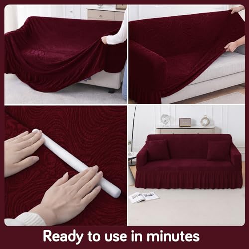 Image of HOKIPO 240 GSM Premium Jacquard Sofa Cover 3 Seater Fully Covered, 'Serene Wave Series' Wine (AR-6354-WINE)