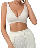 SHARICCA Pro Seamless Bra for Women Deep V Neck Wirefree Bra Adjustable Strap Comfort Sleep Bra Removable Padded Bralette(White,L)
