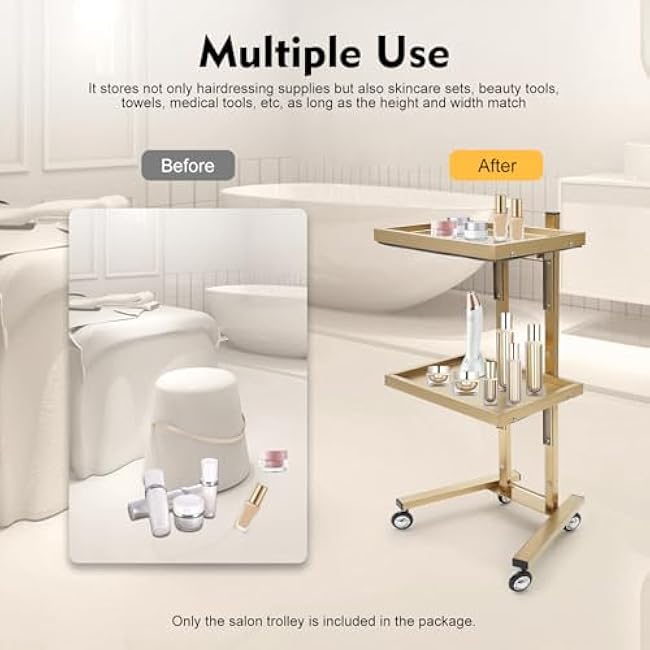 2 Tier Foldable Tray Trolley, Stainless Steel Salon Storage Metal Rolling Cart, Gold Beauty Salon SPA Rolling Cart with Wheel, Kitchen Storage Trolley-zrYjeTXE