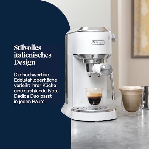 De'Longhi Dedica Duo - Perfetto Kompakte Siebträgermaschine Espressomaschine mit Soft-Touch-Icons, manuellem Milchaufschäumer für Espresso, Cappuccino und Cold Brew, 15cm breit, Weiß (EC890.WI)