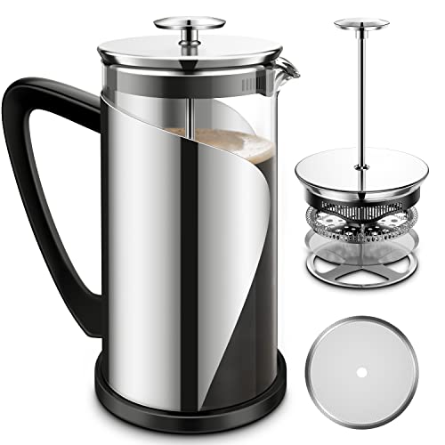 French Press Coffee Maker - Stainless Steel Coffee Press with 4 Level Filter - Large 34 Oz Glass Carafe Coffee Presser