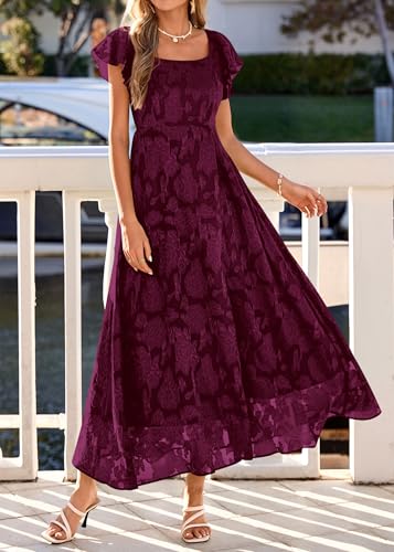 Image of KIRUNDO Bridesmaid Wedding Guest Formal Dresses for Women | Elegant Summer Maxi Dress, Lace Floral Prom Party Cocktail Dress, Smocked Bust, Tie Back, Split A Line Swing, With Pockets