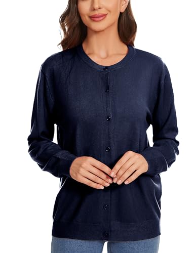 Image of Womens Cardigan Sweaters Basic Button Down Casual Dressy Classic Crewneck Long Sleeve Spring Outfits (S-2XL)