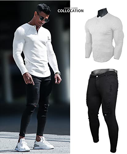 Muscle Cmdr Men's Ribbed Henley Shirt Slim Fit Cotton Long Sleeve Casual T-Shirt White/L #TOP4
