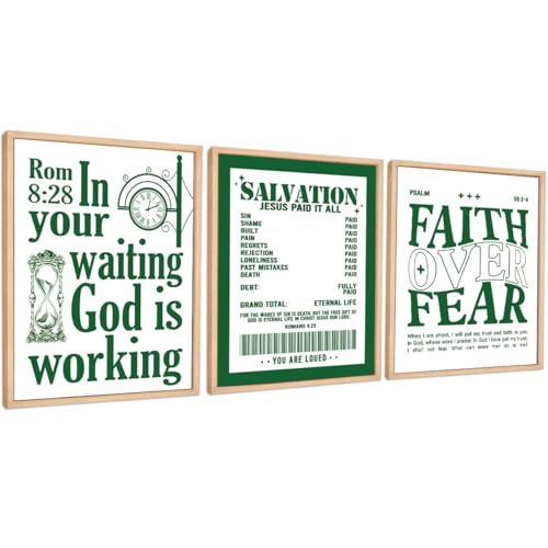 PQVRTMO Green Christian Wall Art Poster Set of 3,Faith Over Fear Bible Verses Wall Decor for Christian Home Church Prayer Room Wall Decoration 11x14 Inch,Unframed