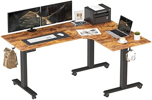 BANTI L-Shaped Electric Standing Desk, 63 inches Triple Motor Height Adjustable Sit Stand up Corner Desk, Large Home Office Desk Computer Workstation, Vintage Brown