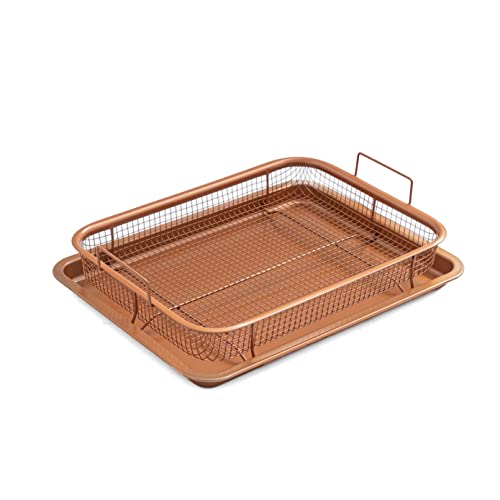 Copper Crisper Tray Non-Stick Oven Baking Tray With Elevated Mesh Crisping Grill Basket 2 Piece Set 9"X13" – By Nuovva #TOP19