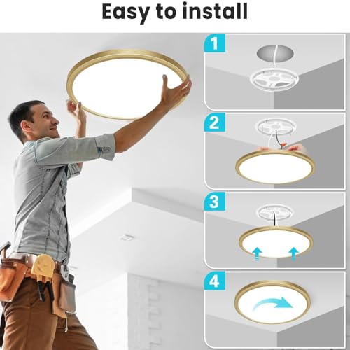 Image of libtit 12 Inch LED Ceiling Light Golden, 28W 3200lm Aureate Flush Mount Ceiling Light, 3 Color Temperature 3000K /4500K /6000K, Gilded Round Flat Light Fixture for Kitchen Bathroom Shower