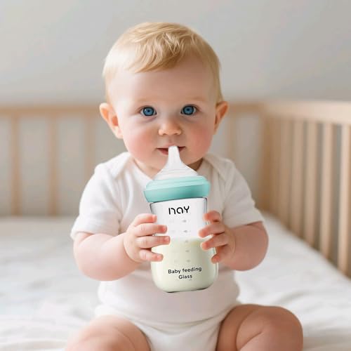 Image of yanyoyo Natural Glass Baby Bottle for Breastfeeding Babies, 8oz Anti-Colic Baby Bottle with Natural Response Nipple(M), Clear, Wide Neck, 4 Pack, 3 Months+
