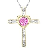 Colgante de cruz con forma de corazón de 8 mm con zafiro rosa y diamante blanco creado en laboratorio para mujer (cadena de plata incluida) en oro amarillo de 14 quilates.