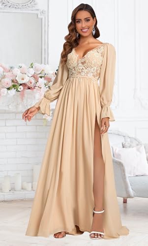 V Neck Bridesmaid Dresses Long Sleeve for Wedding Lace Appliques Formal Party Gown with Slit2