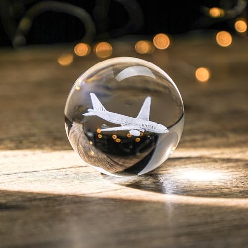 HDCRYSTALGIFTS Kristallkugel mit 3D-Lasen-Gravur, Flugzeug-Kristallkugel mit Ständer, Glaskugel, Flugzeug, Briefbeschwerer, Dekoration, Geschenk für Herren, 60 mm