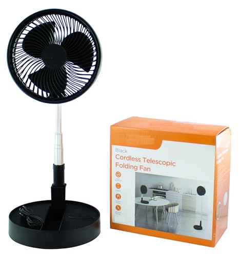 MantraRaj Cordless Telescopic Folding Fan USB Rechargeable Compact Design For Adjustable Height Air Circulator Floor Fan for Outdoor, Courtyard, Beach, Home, Office, and Travel Pedestal Fan (Black)