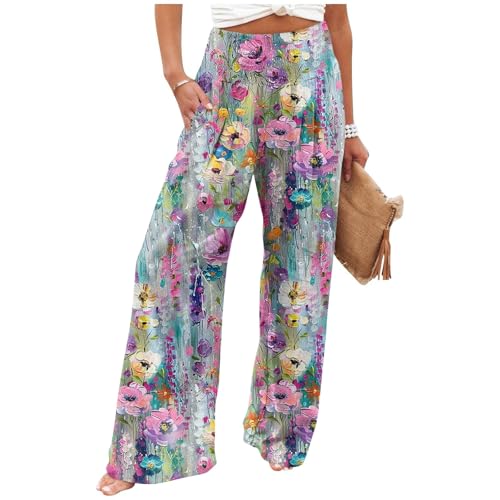 Womens Elastic High Waisted Palazzo Pants Floral Casual Wide Leg Long Lounge Pant Boho Trousers with Pocket