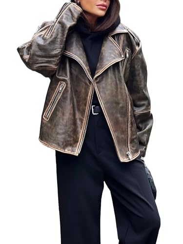 J'Jackin Womens Baggy Oversized Leather Jacket - Plus Size Distressed Brown Loose Fitting Leather Jacket Women