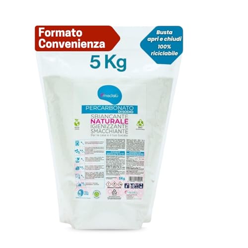 Percarbonato di Sodio per Bucato Puro (5 Kg, 850 Lavaggi) Smacchiatore Bucato ad Azione Sbiancante, Smacchiante, Igienizzante Naturale, Antimuffa, Professionale, Busta Richiudibile 100% Riciclabile