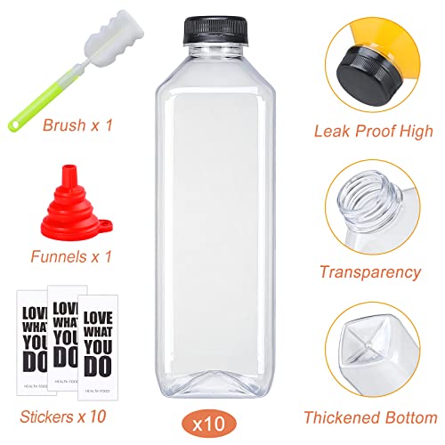 10pcs 33oz Plastic Bottles with Caps, Juice Container with Lids, Empty Plastic Juice Bottles Reusable Clear Bulk Beverage Containers with Tamper Evident Cap for Milk, Smoothie, Drinks