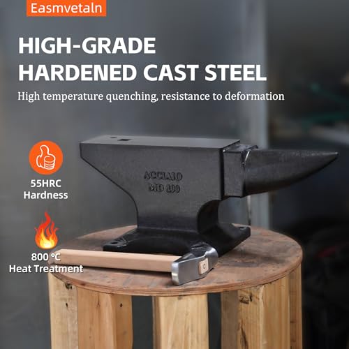 Easmvetaln Cast Iron Anvil,100Lbs Single Horn Anvil Blacksmith,High Hardness Rugged Round Horn Anvil with Large Countertop and Stable Base,Metalsmith Tool for Shaping, Bending, Twisting