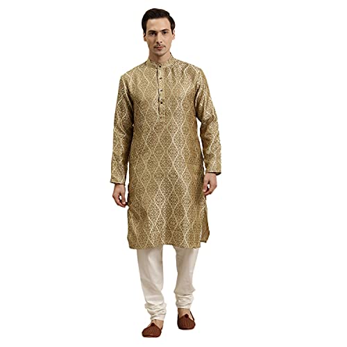 Sojanya (Since 1958 Men'S Jacquard Silk Beige & Gold Kurta