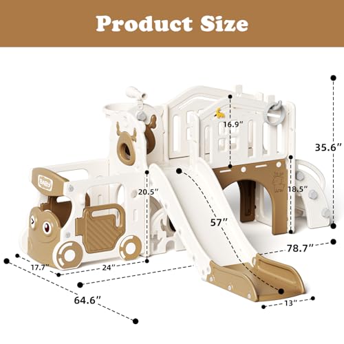 Image of XJD 10 in 1 Toddler Slide, Kids Slide for Toddlers 1-3, Toddler Play Climber Slide Playset with Basketball Hoop and Ball,Toddlers Outdoor Indoor Playground (Brown, Large)